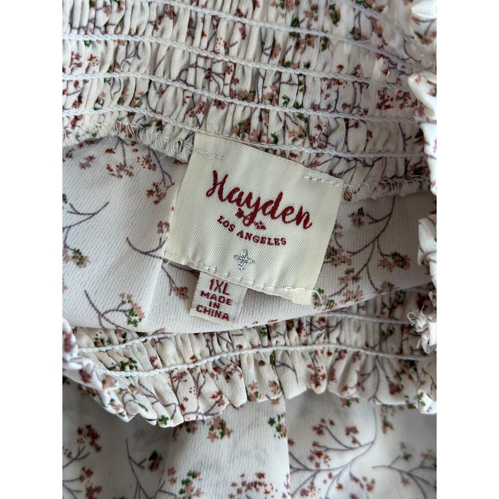 Hayden Los Angeles 1XL White Floral Smock Waist Mini Dress Lined Ruffle HighNeck - Picture 10 of 11